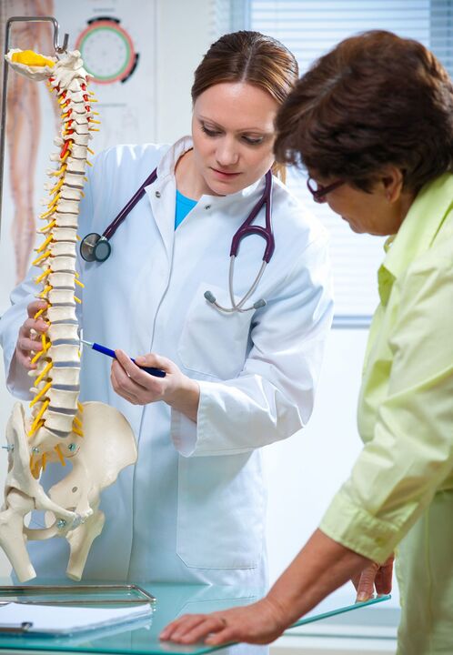 the doctor showed spinal osteochondrosis on a mock-up